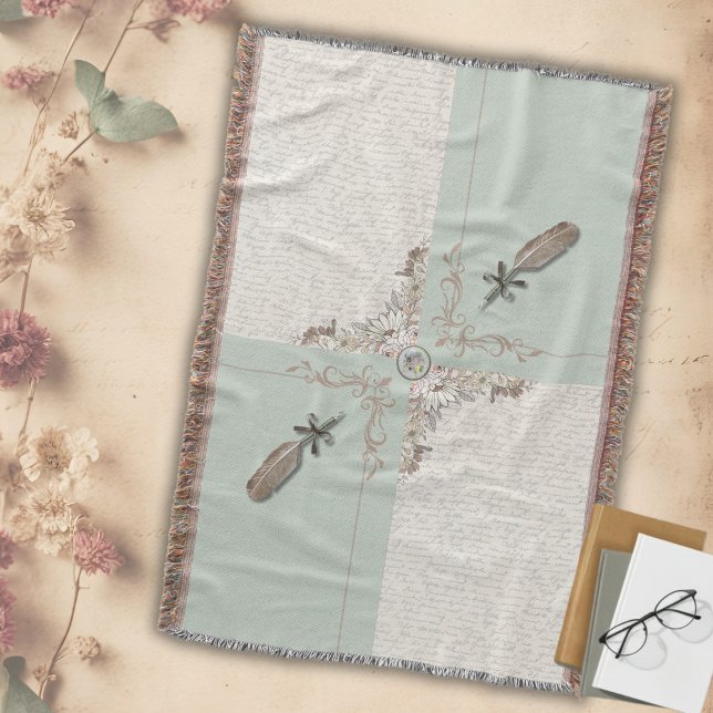 Cobertor Cozy Soft Sage Green Manuscript Woven (Ideal for Cottagecore, neutral, and peaceful home decor)