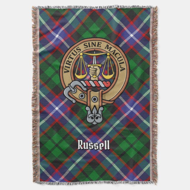 Cobertor Crest do Clã Russell sobre Tartan (Frente Vertical)