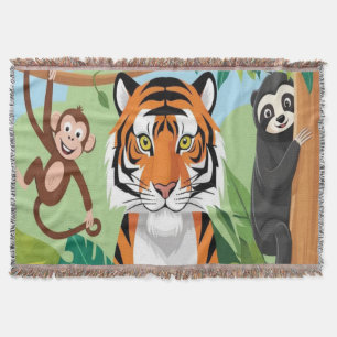 Cobertor Crianças Animais Fofos Selva Tigre Macaco Pássaro