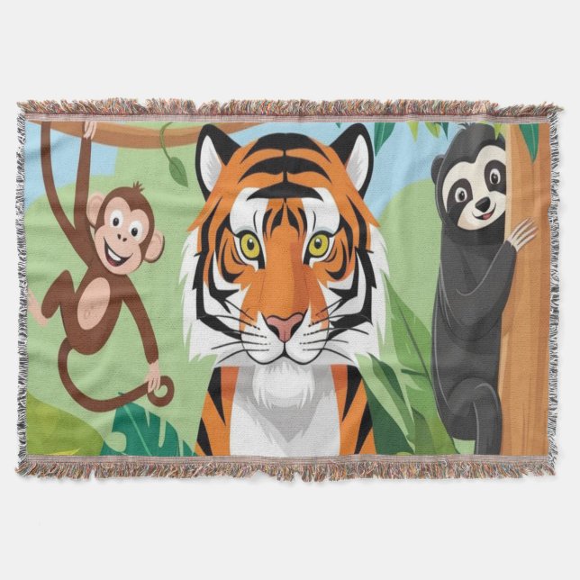 Cobertor Crianças Animais Fofos Selva Tigre Macaco Pássaro (Frente)