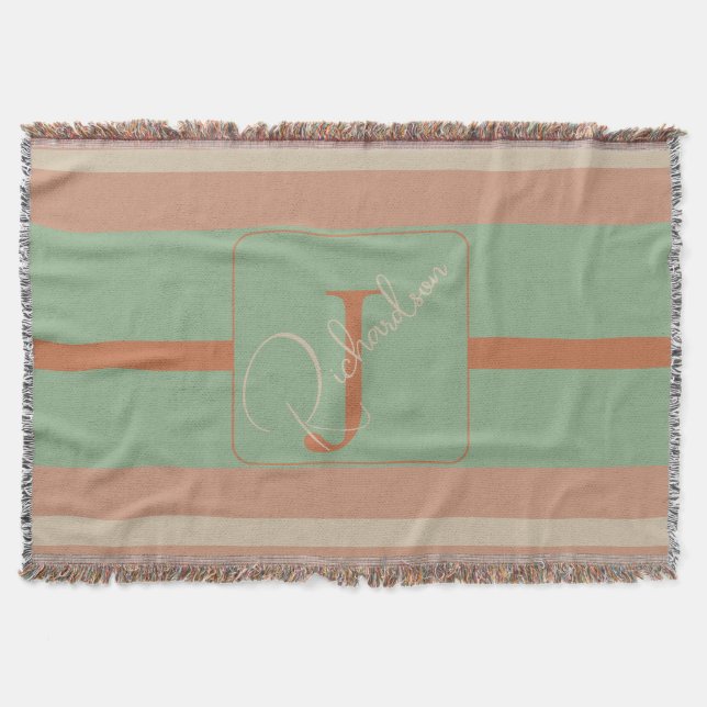 Cobertor Custom Coral Sage Stripe Monogram Boho Pastel Chi (Frente)