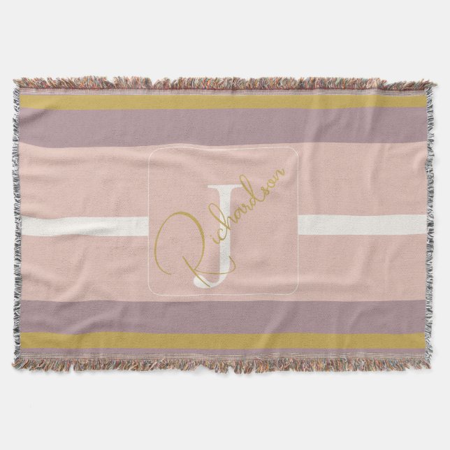 Cobertor Customized Blush Pink Gold Stripe Monogram Chic  (Frente)