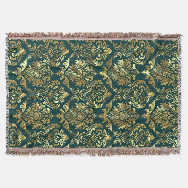Cobertor Damasco Floral Dourado Verde E Metálico (Frente)