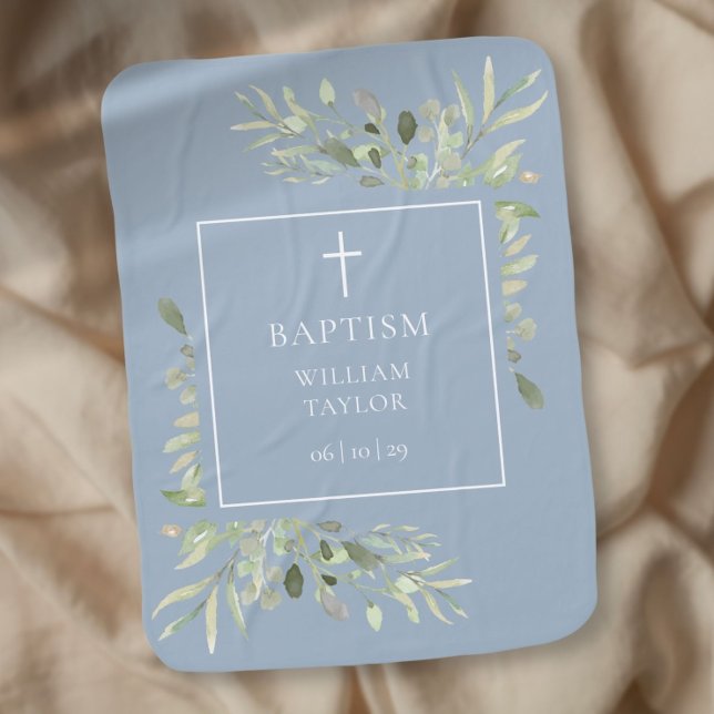 Cobertor De Bebe Batismo Christening Watercolor Verde Azul (Baptism Christening Watercolor Greenery Dusty Blue Baby Blanket)