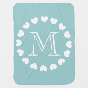 Cobertor De Bebe Bolsa de bebê monograma   turquesa e corações bran