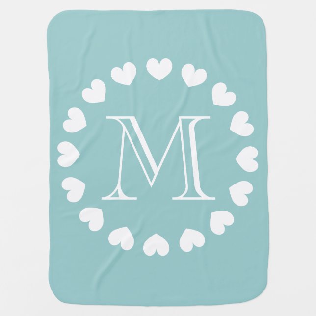 Cobertor De Bebe Bolsa de bebê monograma | turquesa e corações bran (Frente)