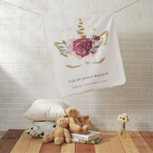 Cobertor De Bebe Crianças Douradas Florais  do Unicórnio Cinza Rosa