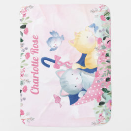 Cobertor De Bebe Fumaceira de Garota Bebê com Flores Rosa e Gatinho