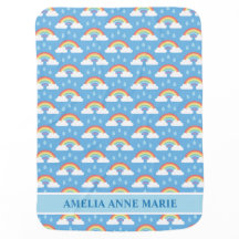 Nome do bebê com nuvens de chuva arco-íris em azul
