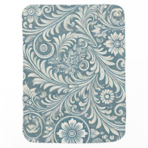 Padrão Damask de Rolagem em Azul Suave e Marfim