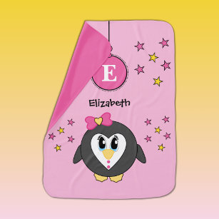 Cobertor De Bebe Pinguim bonito - estrelas amarelas cor-de-rosa