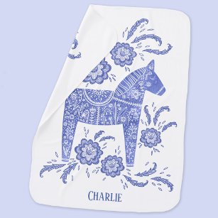 Cobertor De Bebe Swedish Dala Horse Blue Custom Name