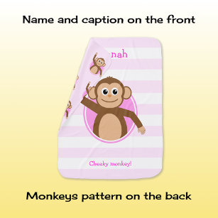 Cobertor De Bebe Texto personalizado de macaco-prego PINK Listras b