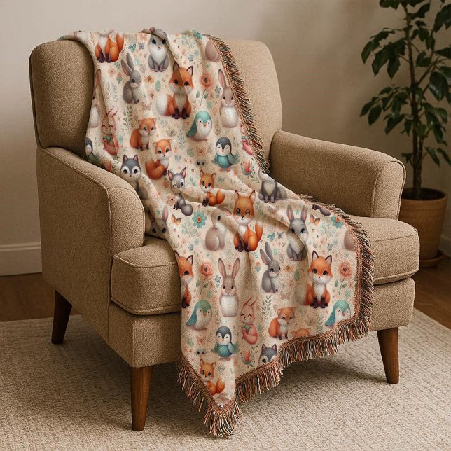 Cobertor de Berçário Boho de Aquarela Raposa da Fl (Woodland Fox Bunny Watercolor Boho Nursery Blanket)