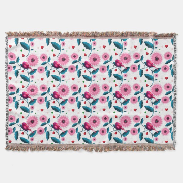 Cobertor de Design Botânico Floral de Pássaro Rosa (Frente)