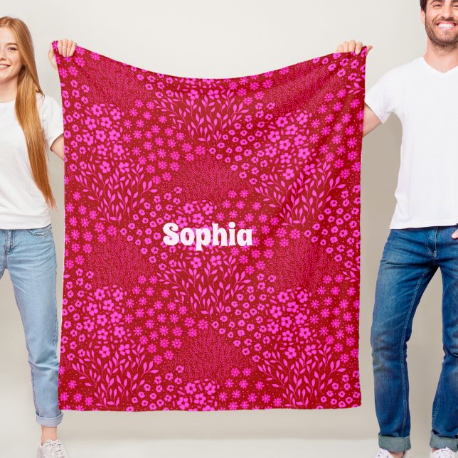 Cobertor de Fleece Rosa Floral com Nome para Menin (Criador carregado)