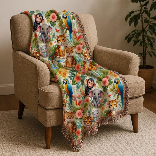 Cobertor de lançamento de bebês animais da selva t (Baby Jungle Animals Tropical Kids Throw Blanket)
