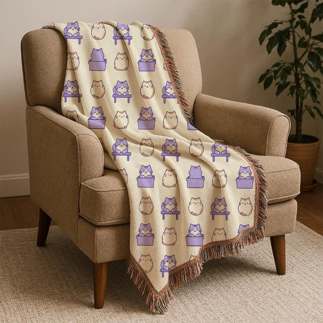 Cobertor de Lançar Pastel do Gatinho Fofo e Gorduc (Kawaii Lavender Chonky Cat Pastel Throw Blanket)