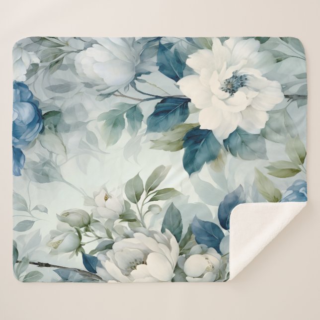 Cobertor de Luxo de Sherpa Fleece Floral Azul (Frente (Horizontal))