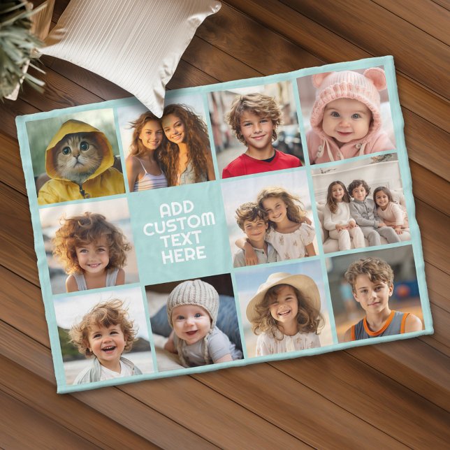 Cobertor De Velo 11 Photo Grid Industrial Box name - aqua (Personalized fleece blanket with 11 photos and custom text)