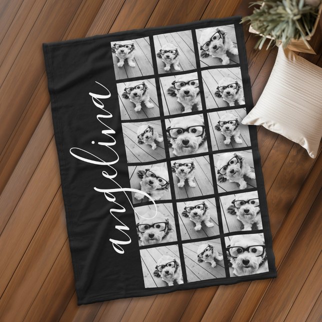 Cobertor De Velo 18 Colagem de Fotos - CAN edit black - script name (Personalized fleece blanket with photos and text)