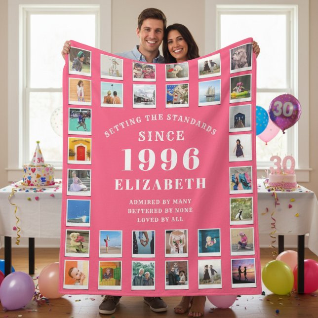 Cobertor De Velo 30th Birthday Wife Family Photo collage Pink (Born 1996 Pink fleece blanket with photo collage. Held up by a couple.)