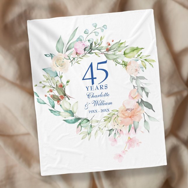 Cobertor De Velo 45º aniversário do 65º aniversário do casamento Wa (45th 65th Wedding Anniversary Watercolor Floral Fleece Blanket)