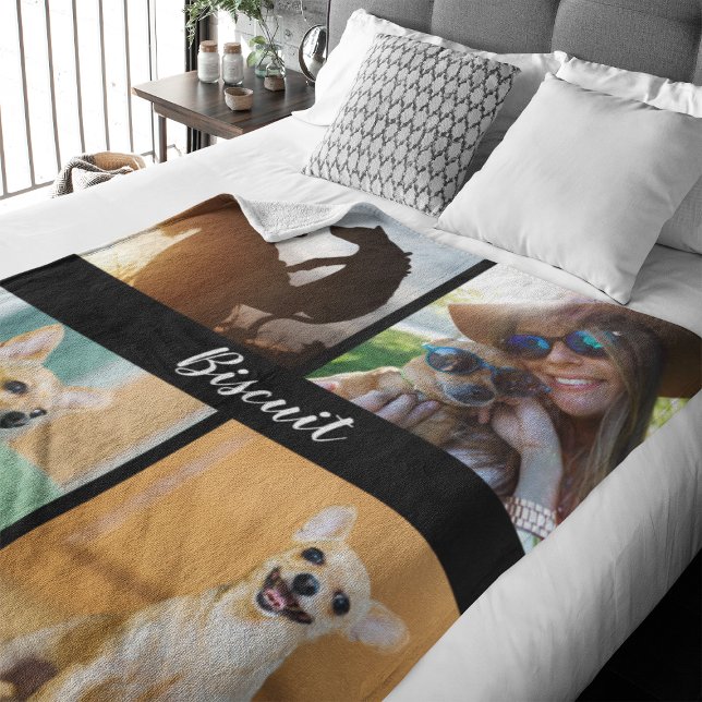 Cobertor De Velo 4 Folheto de Colagem de Fotografias com Preto | (Capture precious pet moments with our Modern Pet Photo Collage Fleece Blanket. )
