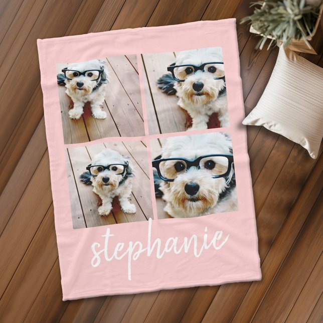 Cobertor De Velo 4 Nome do Script de Colagem de Fotos - pode editar (Personalized fleece blanket with 4 photos and custom text)