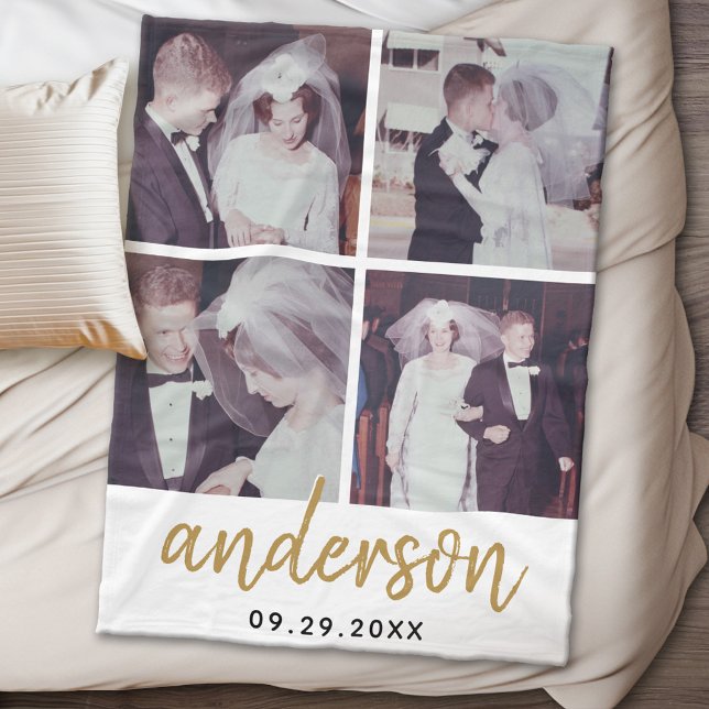 Cobertor De Velo 4 Sobrenome de Colagem de Casamento Fotográfico Ma (Personalized wedding anniversary fleece blanket)
