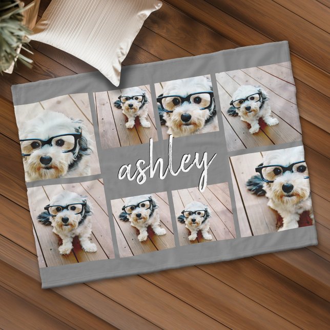 Cobertor De Velo 8 Colagem de Fotos Adicionar Seu Nome Cinza De Cal (Custom Fleece Blanket - Add Photos and Text)