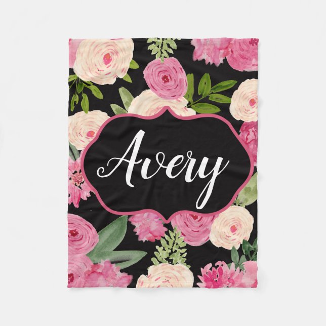 Cobertor De Velo A aguarela preta personalizada floresce a (Frente)