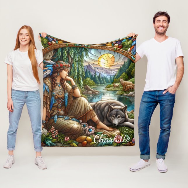 Cobertor De Velo A índia nativa descansa pacificamente com um lobo (In Situ)