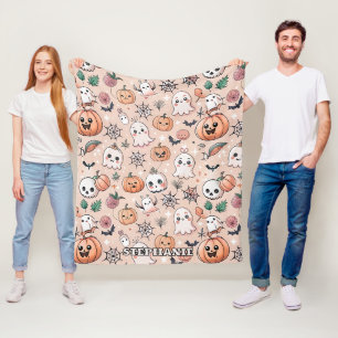 Cobertor De Velo Abóbora Fantasma Kawaii Padrão Halloween Laranja