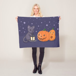 Cobertor De Velo Abóbora Lanterna de Gato Preto no Halloween Roxo
