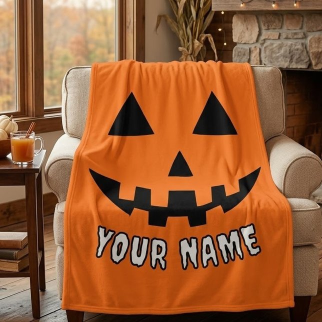 Cobertor De Velo Abóbora Laranja Personalizada de Halloween Seu Nom (Criador carregado)