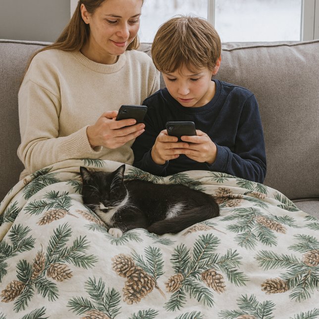 Cobertor De Velo Aconchegante Evergreen e Pinhas  (Cozy and warm fleece blanket featuring pine branches and pinecones. )