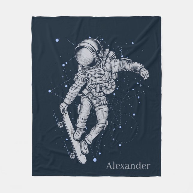 Cobertor De Velo Adicionar Nome Astronauta Skateboarder no Azul-Mei (Frente)