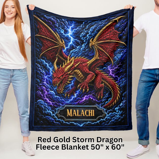 Cobertor De Velo Adicionar Nome Red & Gold Storm Dragon com Relâmpa (Criador carregado)