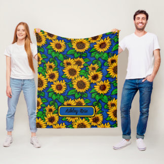 Cobertor De Velo Adicionar Ouro de Nome Girassóis e Folhas em Azul