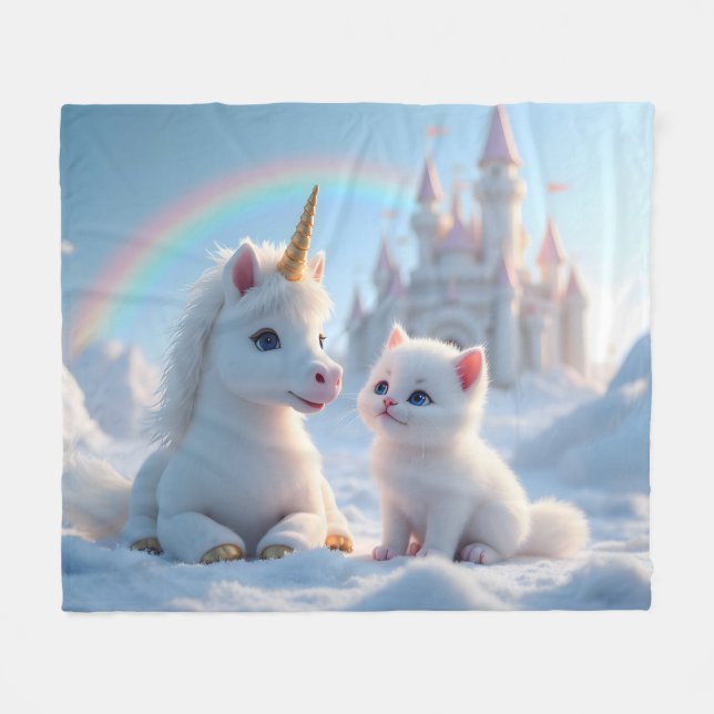 Cobertor De Velo Adorável White Kitten e Baby Unicorn (Frente (Horizontal))