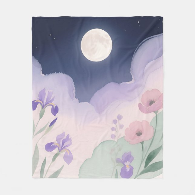 Cobertor De Velo Água-tinta Floral Íris Lua Cheia Noturna (Frente)