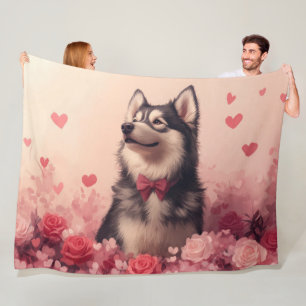 Cobertor De Velo Alaskan Malamute com Rosas - Dia de os namorados