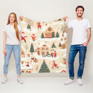 Cobertor De Velo Aldeia de Natal Vermelho Verde Padrão Beige Nevado