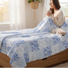 Cobertor De Velo Algodão Francês Pintado Padrão Azul Floral