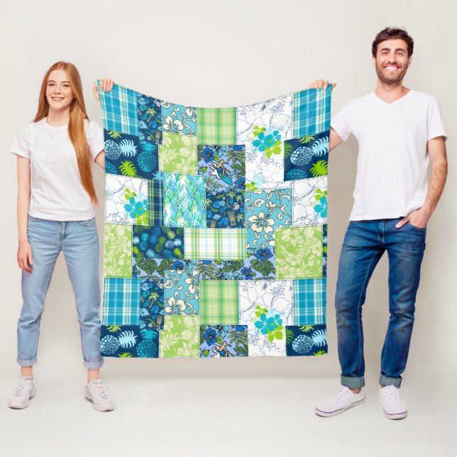 Cobertor De Velo Aloha Patchwork Hawaiian Tropical Impressões- Teal (In Situ)