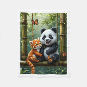 Cobertor De Velo Amigos Panda e Gato Vermelho na Manta de Floresta 