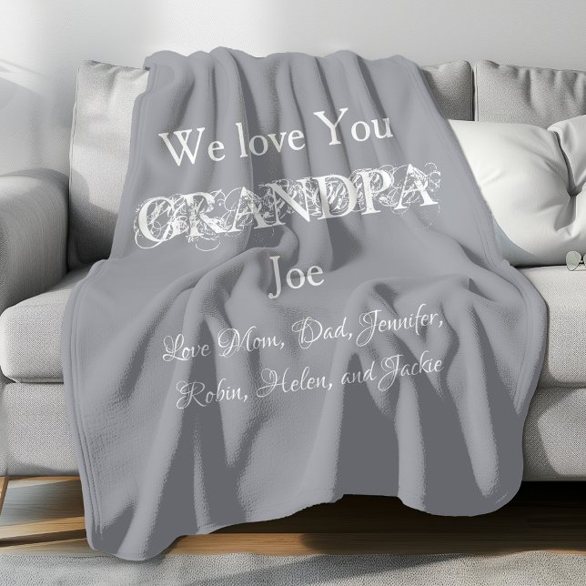 Cobertor De Velo Amo-Te Vovô, Simples Crianças De Script, Nomeiam C ("We Love You GRANDPA" personalized, simple, comfy, light grey fleece blanket. )