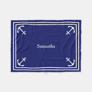 Cobertor De Velo Âncoras brancas no Marinho azul personalizado