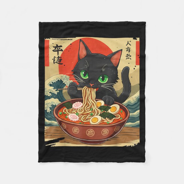 Cobertor De Velo Anime Cat Eating Ramen Japanese Art Graphic Cat Cu (Frente)